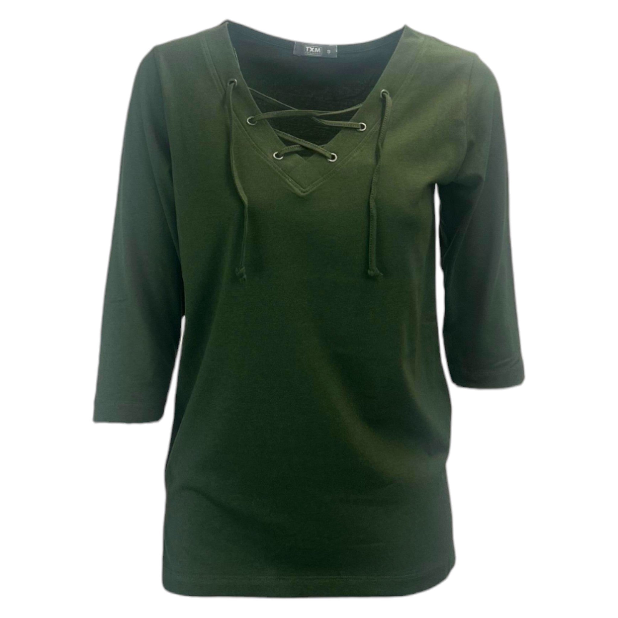 Ladies Olive Green 100% cotton lace-up V-neck top with 3/4 sleeves – breathable casual blouse with eyelet detail